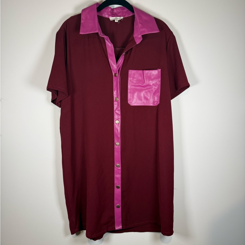 Entro Burgundy and Pink Casual Button Down Shirt